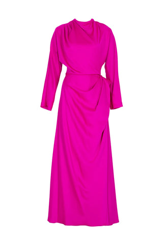 Asymmetric Draped High-Neck Satin Long Evening Dress - Fuchsia