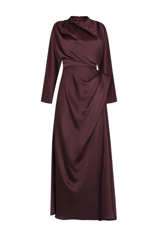 Asymmetric Draped High-Neck Satin Long Evening Dress - Bordeaux