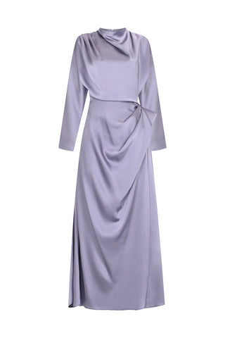 Asymmetric Draped High-Neck Satin Long Evening Dress - Lilac