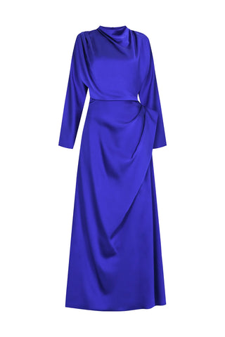Asymmetric Draped High-Neck Satin Long Evening Dress - Blue