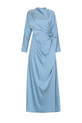 Asymmetric Draped High-Neck Satin Long Evening Dress - Baby Blue