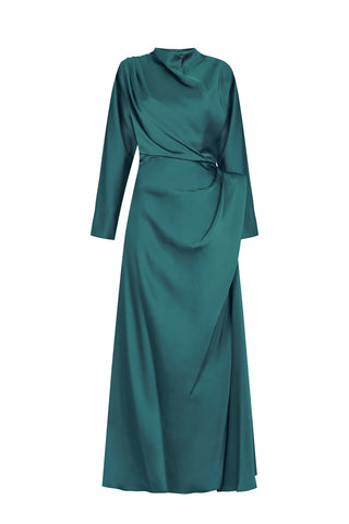 Asymmetric Draped High-Neck Satin Long Evening Dress - Emerald Green