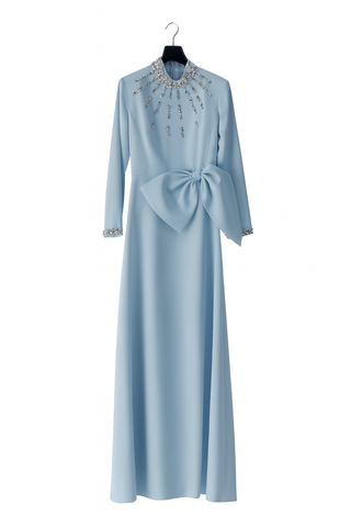 Embellished Bow Detail Evening Gown – Light Blue