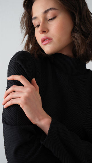 Turtleneck Crepe Chiffon Maxi Dress – Black