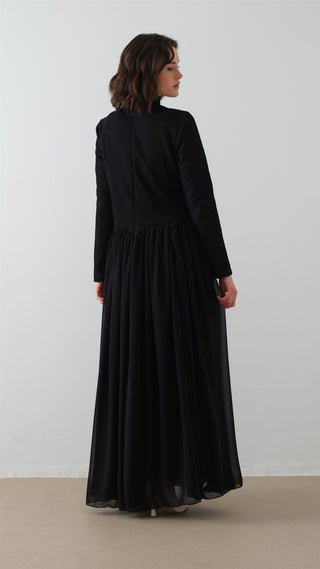 Turtleneck Crepe Chiffon Maxi Dress – Black