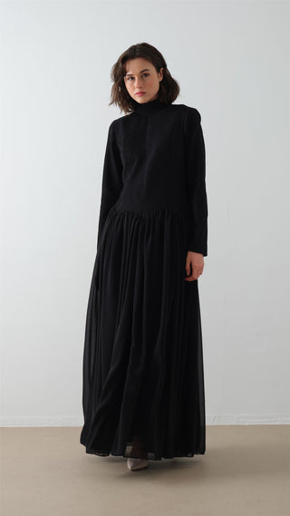 Turtleneck Crepe Chiffon Maxi Dress – Black