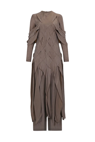 Cross-Stitch Detailed Top & Wide-Leg Pants Set – Camel