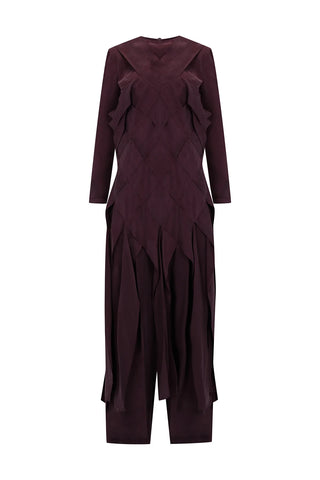 Cross-Stitch Detailed Top & Wide-Leg Pants Set – Burgundy