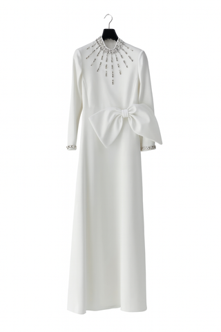 Embellished Bow Detail Evening Gown – Ecru
