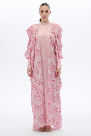 Lace-Trimmed Kaftan Dress in Pink