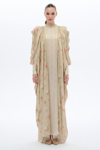 Lace-Trimmed Kaftan Dress in Oil Green