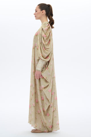 Lace-Trimmed Kaftan Dress in Oil Green