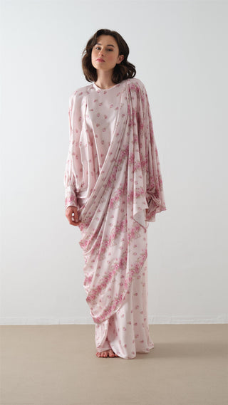 Toz Pembe Desenli Kaftan Elbise