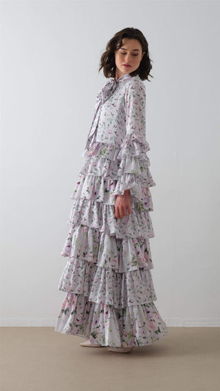 Layered Floral Modest Dress - Lilac