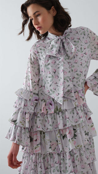 Layered Floral Modest Dress - Lilac