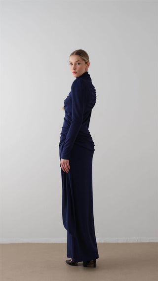 Ruched Turtleneck Dress – Navy