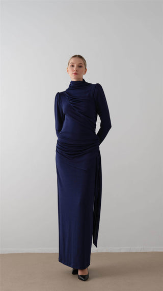 Ruched Turtleneck Dress – Navy