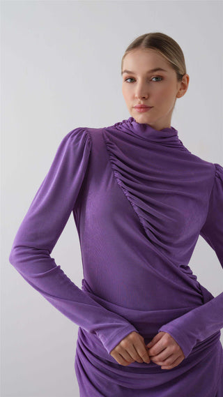 Ruched Turtleneck Dress – Purple