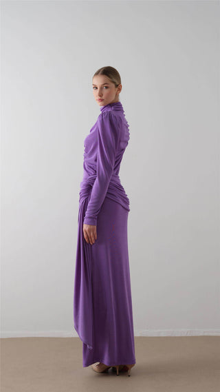 Ruched Turtleneck Dress – Purple