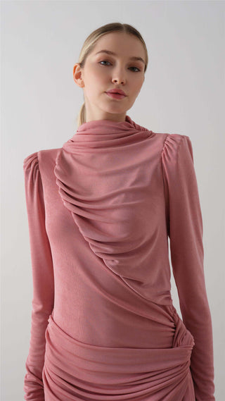 Ruched Turtleneck Dress – Blush Pink