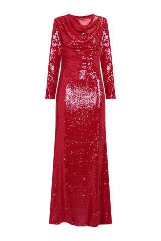 Draped Sequin Evening Dress – Red