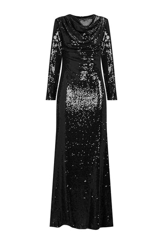 Draped Sequin Evening Dress – Black