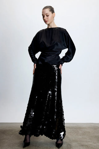 Draped Satin Blouse – Black