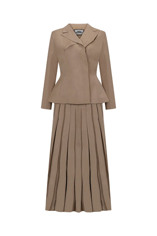 Structured Collar Jacket & Pleated Skirt Set – Camel