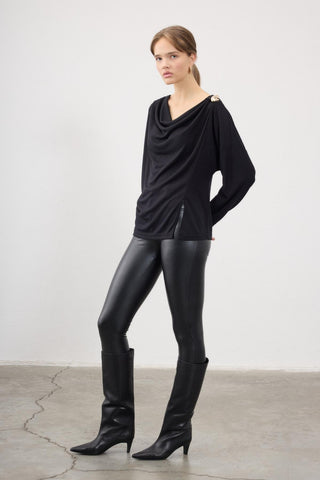 Elma Draped Blouse with Brooch – Black