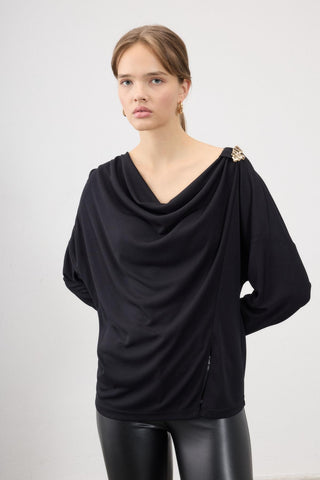 Elma Draped Blouse with Brooch – Black