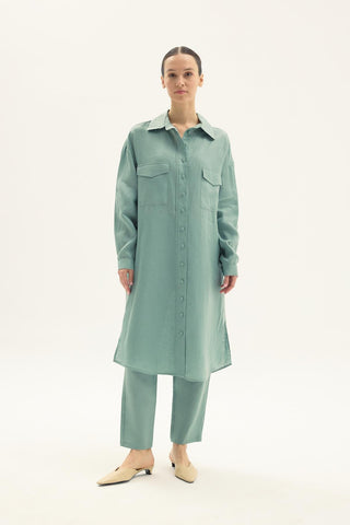ELVIRA 100% Light Green Linen Long Shirt
