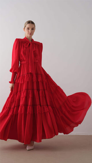 Tiered Ruffle Maxi Dress – Red
