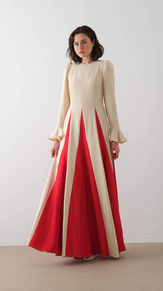 Contrast-Panel Maxi Dress – Beige