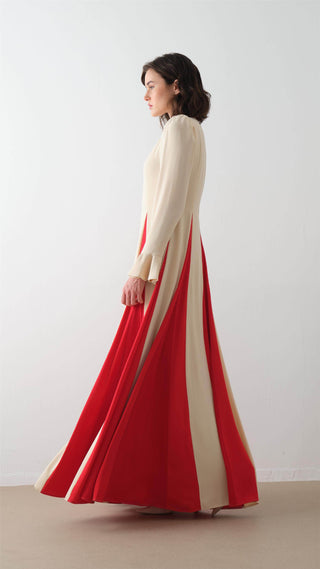 Contrast-Panel Maxi Dress – Beige