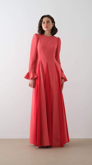 Contrast-Panel Maxi Dress – Coral