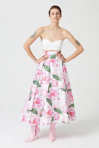 High-Waisted Corset-Panel Flared Maxi Skirt – Rose Patterned