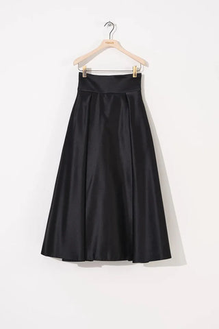 High-Waisted Corset-Panel Flared Maxi Skirt – Black