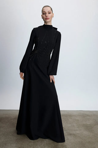 Embellished High-Neck Evening Gown – Black
