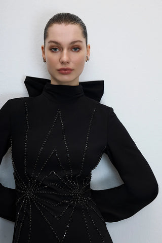 Embellished High-Neck Evening Gown – Black