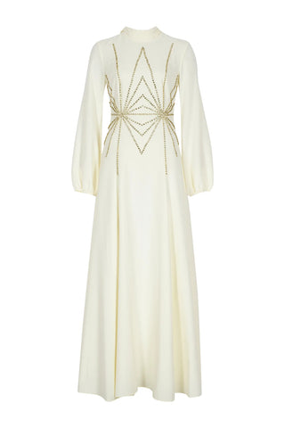 Embellished High-Neck Evening Gown – Ecru