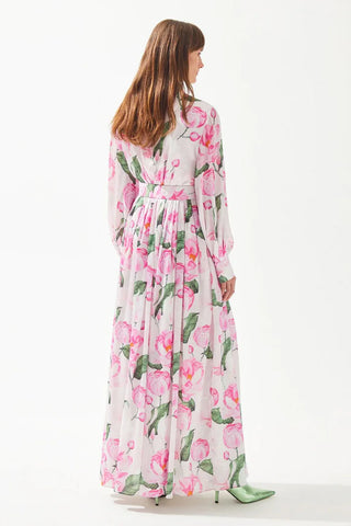 Rose Patterned Shirt-Collar Pleated Long Dress