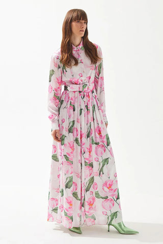 Rose Patterned Shirt-Collar Pleated Long Dress