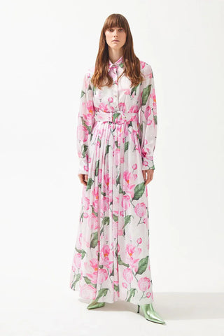 Rose Patterned Shirt-Collar Pleated Long Dress