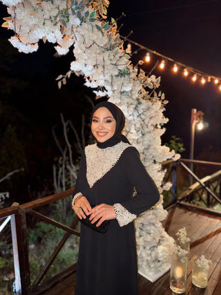 Pearl-Embellished Satin Dress – Black