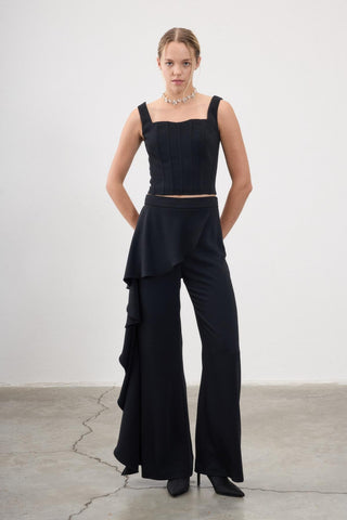 Indira Draped Wide-Leg Trousers – Black