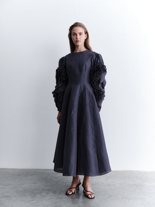 Indigo Silk-Linen Dress with Sculptural Ruffle Sleeves