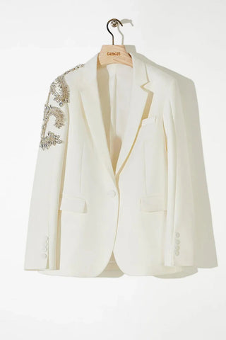 Hoop-Embroidered Tailored Blazer Jacket – Ecru