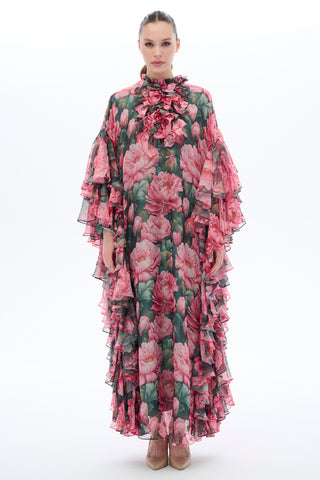 Fuşya Fırfırlı Kollu Kaftan Elbise