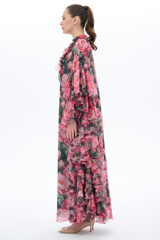 Fuşya Fırfırlı Kollu Kaftan Elbise