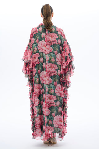 Fuşya Fırfırlı Kollu Kaftan Elbise